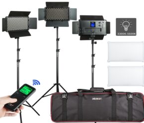 1608191832_915 The Viltrox VL D640T LED Light Triple Kit includes three LED studio lights with stands, two white diffusers, a remote control and a black carrying case. One of the lights displays a digital display on the back and supports a colour temperature range of 3300K-5600K.