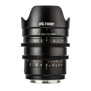 1609160650_387 Mustassa Viltrox MF 20mm T2 FF Cine-objektiivi -objektiivi, L Mount, jossa on terälehden muotoinen huppu, jossa on valkoisella ja keltaisella merkityt tarkennus- ja aukkorenkaat, merkintä S 20mm T2.0 ASPH.