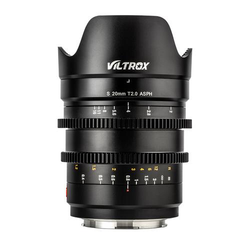 1609160650_387 Mustassa Viltrox MF 20mm T2 FF Cine-objektiivi -objektiivi, L Mount, jossa on terälehden muotoinen huppu, jossa on valkoisella ja keltaisella merkityt tarkennus- ja aukkorenkaat, merkintä S 20mm T2.0 ASPH.