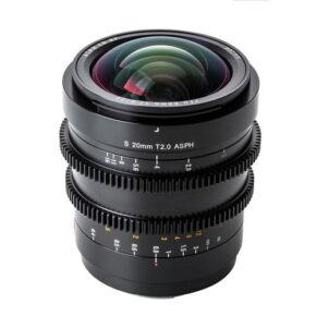 Viltrox MF 20mm T2 FF Cine-objektiivi -objektiivi, L Mount on musta objektiivi, jossa on "S 20mm T2.0 ASPH" -merkintä, näkyvät tarkennusrengas ja aukkorenkaat, etäisyys- ja aukkoasteikot sekä heijastava etulasi, kuvassa valkoisella pohjalla.