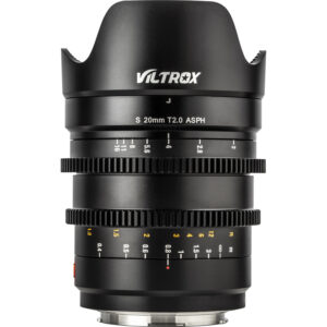 1615451536_486 Viltrox MF 20mm T2 FF Cine-objektiivi -objektiivi, L Mount, musta, kuvassa on vastavalosuoja sekä valkoisella ja keltaisella merkinnällä varustetut tarkennus- ja aukkorenkaat valkoista taustaa vasten.
