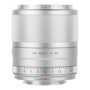 1625824196_894 Viltrox AF 56mm f/1.4 -objektiivi, Fuji X (hopea) sisältää hopeanvärisen viimeistelyn, aukkomerkinnät f/1.4:stä f/16:een, X-mount-merkinnän pohjassa, kuvioidun tarkennusrenkaan ja tyylikkään modernin muotoilun.