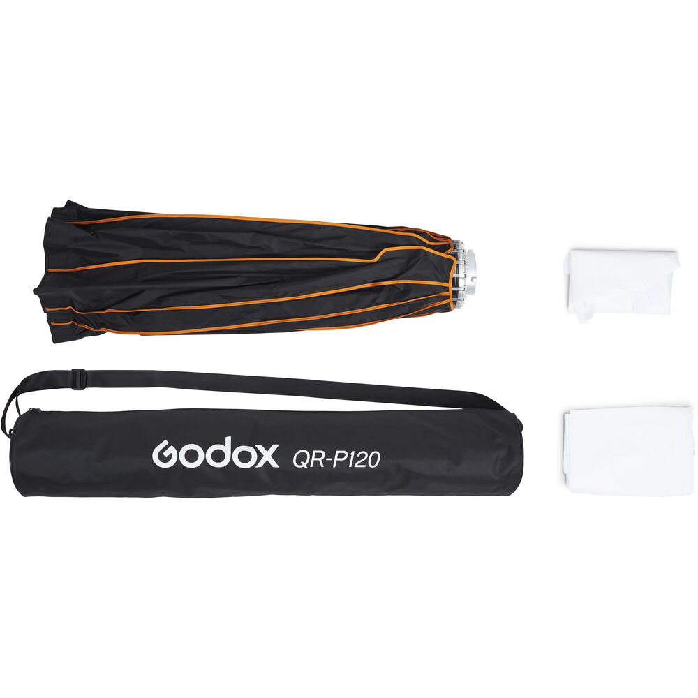 1627566266_185 Taitettu Godox Quick Release Parabolic Softbox QR P120 Bowens mustana ja oranssina, kaksi valkoista diffuusiokangasta ja musta kantolaukku olkahihnalla ovat esillä valkoisella pohjalla.