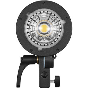 1643029786_570 Lähikuva Godox QT400IIIM -studio-LED-valaisimen etuosasta, jossa on pyöreä muotoilu, näkyvät sisäiset osat ja musta säädettävä kiinnitysteline alla.