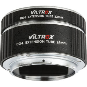 1645094564_052 Two black Viltrox macro extension tube rings (12mm/24mm, L-mount) with textured surfaces and silver mounts are stacked together and designed for macro photography with interchangeable lens cameras.