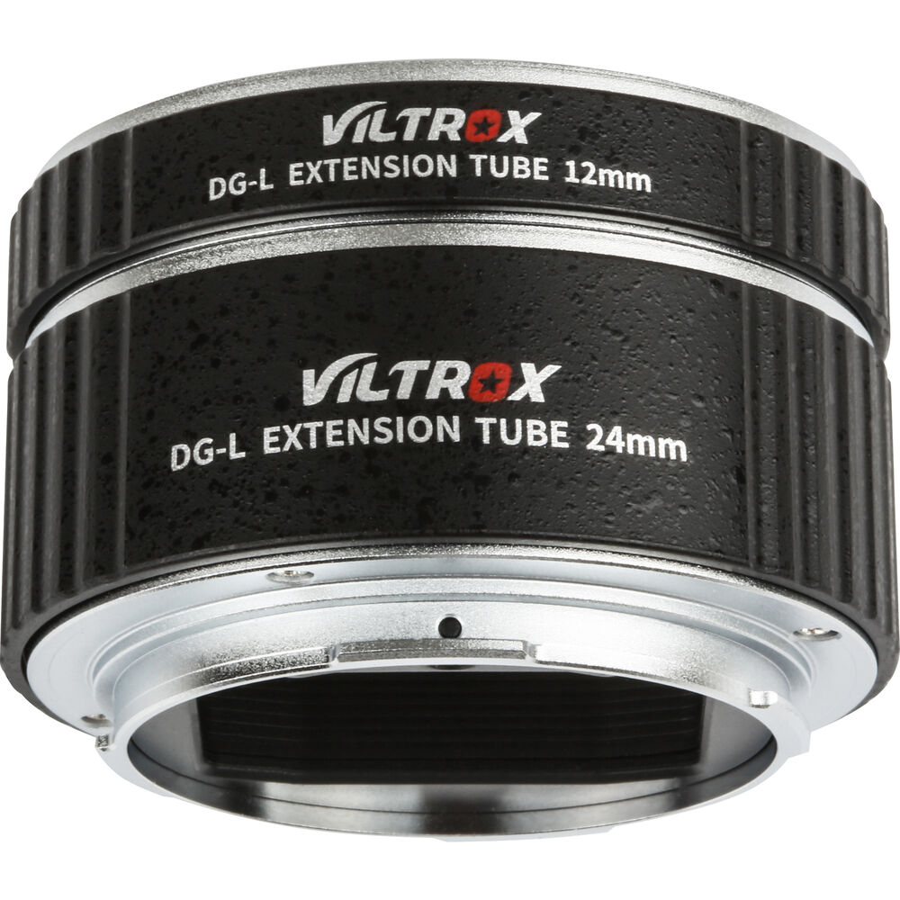 1645094564_052 Two black Viltrox macro extension tube rings (12mm/24mm, L-mount) with textured surfaces and silver mounts are stacked together and designed for macro photography with interchangeable lens cameras.