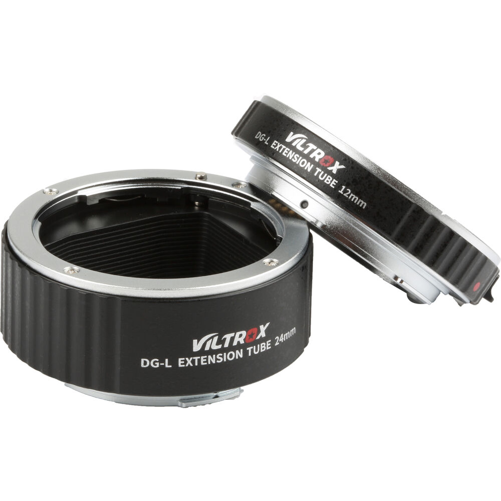 1645094564_219 Two Viltrox macro extension tube rings (12mm and 24mm, L-mount), both black with silver-coloured metal ends and white/red text, one upright and one on the side.