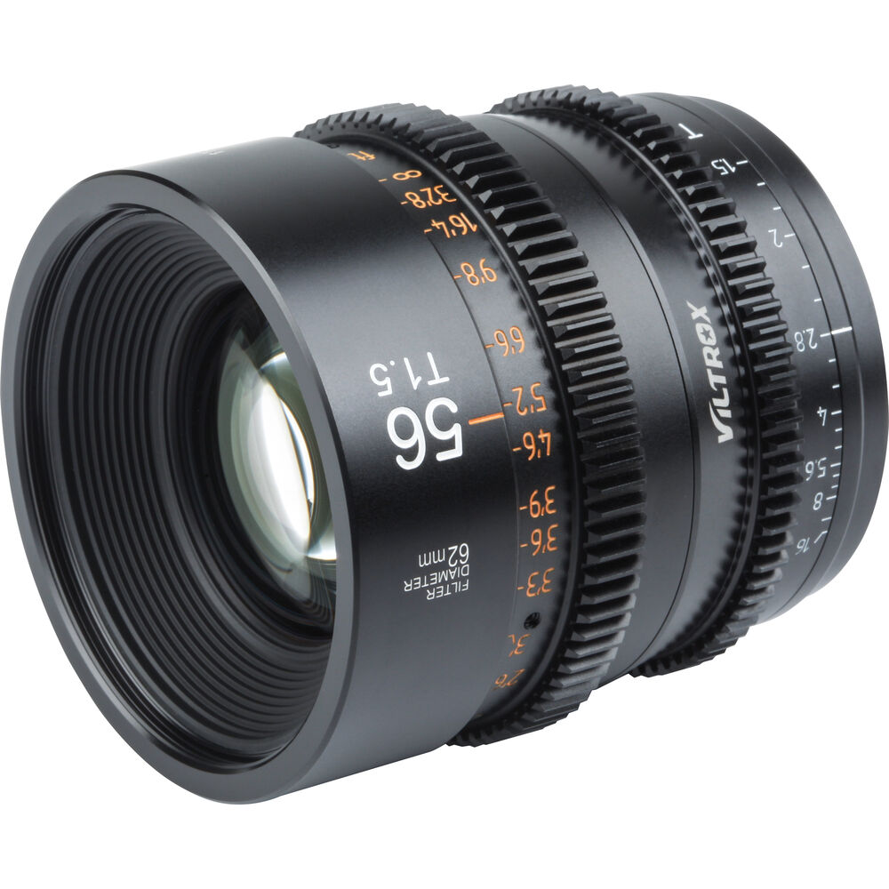 1646730370_464 Viltrox MF 56mm T1.5 Cine-objektiivi -objektiivi Sony E:lle sisältää mustan metallirungon, tarkennus- ja aukkorenkaat sekä oranssit ja valkoiset merkinnät polttovälin ja aukon asetuksia varten.