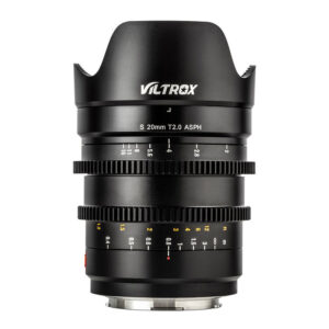 1646733161_353 Viltrox MF 20mm T2 FF Cine Lens -objektiivi, Sony E -objektiivissa on musta metallirunko, tarkennus- ja aukkorenkaat, keltaiset ja valkoiset merkinnät, Viltrox-logolla varustettu vastavalosuoja ja se on suunniteltu Sony E-mount -kameroille.