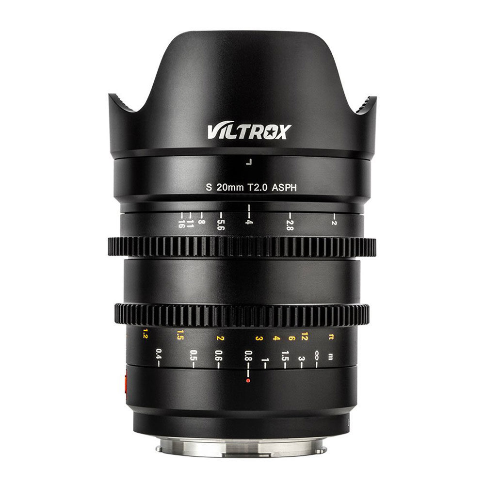 1646733161_353 Viltrox MF 20mm T2 FF Cine Lens -objektiivi, Sony E -objektiivissa on musta metallirunko, tarkennus- ja aukkorenkaat, keltaiset ja valkoiset merkinnät, Viltrox-logolla varustettu vastavalosuoja ja se on suunniteltu Sony E-mount -kameroille.