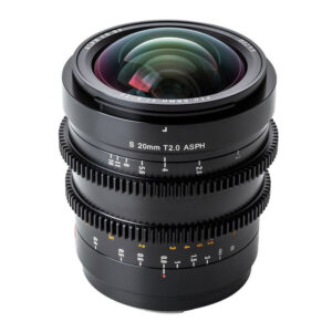 1646733162_060 Viltrox MF 20mm T2 FF Cine Lens -objektiivi Sony E:lle sisältää hammasrenkaat sekä merkittyjä aukko- ja tarkennusetäisyysasteikkoja, jotka on esitetty eristettyinä valkoisella taustalla.