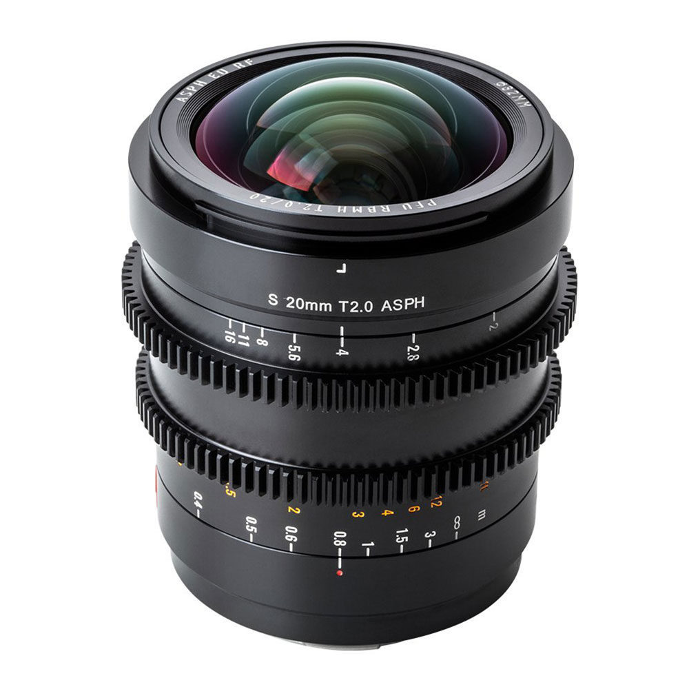 1646733162_060 Viltrox MF 20mm T2 FF Cine Lens -objektiivi Sony E:lle sisältää hammasrenkaat sekä merkittyjä aukko- ja tarkennusetäisyysasteikkoja, jotka on esitetty eristettyinä valkoisella taustalla.