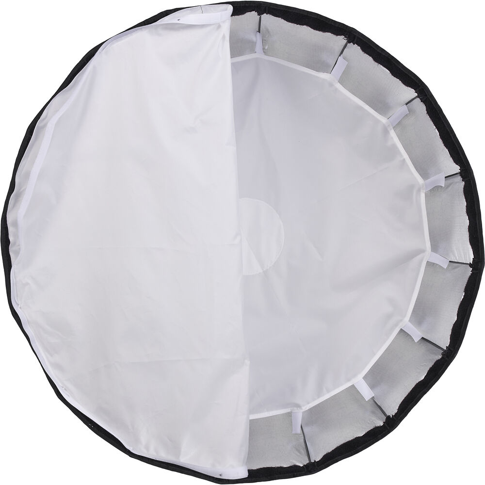 1646908704_237 Godox Quick Release Parabolic Softbox QR PF90 Profoto on pyöreä, valkoinen kokoontaitettava softbox, jossa on musta reunus ja osittain avattu diffuusorin kansi, josta näkyy sen sisäinen tukirakenne ja keskiaukko.