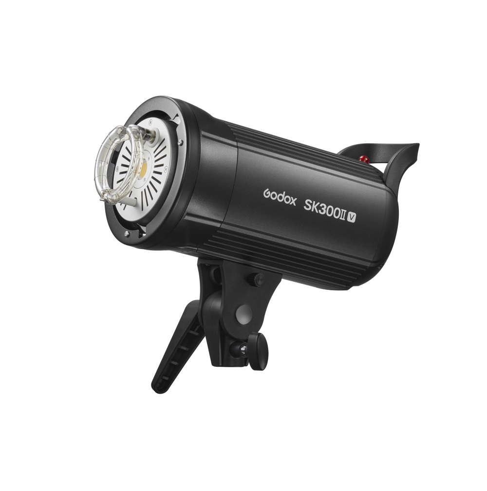 Godox SK300II-V studio strobe light in black with mounting bracket. The cylindrical body, shown on a white background, shows the bulb and cooling vents at the front.