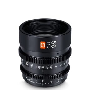 Viltrox MF 56mm T1.5 Cine Lens, MFT is a black lens with visible focus and aperture rings, the marking "56 T1.5" and the red S logo at the top. White numerical markings indicate the adjustment settings.