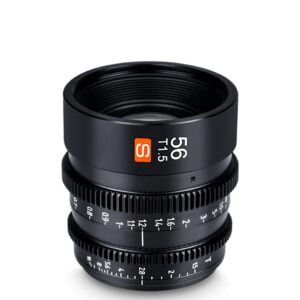 1661261230_263 Viltrox MF 56mm T1.5 Cine-objektiivi -objektiivi, MFT on musta objektiivi, jossa on näkyvät tarkennus- ja aukkorenkaat, merkintä "56 T1.5" ja punainen S-logo yläosassa. Valkoiset numeromerkinnät osoittavat säätöasetukset.