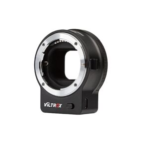 The Viltrox Nikon F - Z Auto Focus Mount Adapter, with black design, metal ring, electric contacts and Viltrox logo on the front, appears isolated on a white background.