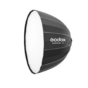 1678971357_541 Godox GP4 Parabolic Softbox 120cm, joka on yhteensopiva KNOWLED MG1200Bi:n kanssa, on kupolimuotoinen, jossa on musta ulkopuoli ja valkoinen etuosa ammattimaiseen valokuvaukseen.
