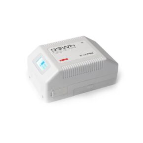 1681829735_951 The Viltrox BP V99 6700mAh V-Mount battery is a white professional camera battery with a digital display on the side for charging information, vented sides and a product label on top.