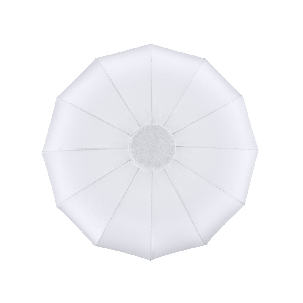 1692342048_150 Yläkuvassa Godox CS50D Lantern Softbox 50cm, täysin auki, pyöreä keskipiste ja kahdeksan symmetristä paneelia, kuvattu valkoista taustaa vasten.