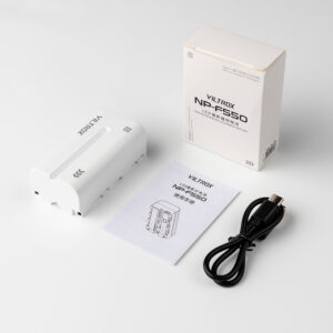 1692945448_965 The Viltrox NP-F550 with USB-C, white product packaging, user manual and black USB cable are neatly laid out on a white surface.