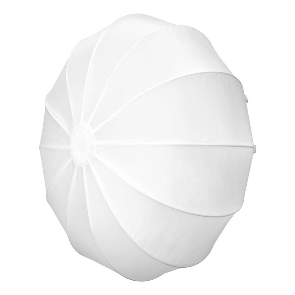 1701255445_346 Godox Lantern Softbox for Livestreaming CS-65T on valkoinen, pyöreä, sateenvarjon muotoinen softbox, jossa on useita kaarevia paneeleita, kuvattuna edestä valkoista taustaa vasten.