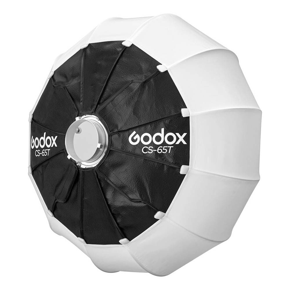 1701255447_283 Godox Lantern Softbox for Livestreaming CS-65T on esitetty pyöreällä, sateenvarjomaisella mustavalkoisella muotoilulla ja Godoxin logolla sen kangaspaneeleissa, jotka sopivat erinomaisesti studiovalaistukseen.