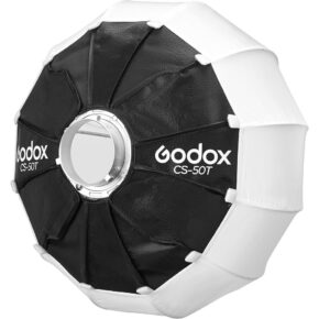 1701861058_143 Godox Lantern Softbox for Livestreaming CS-50T -valaisimessa on mustavalkoinen kahdeksankulmainen muotoilu, joka on ihanteellinen valon pehmentämiseen ja hajottamiseen valokuvauksessa tai videokuvauksessa, ja siinä on pyöreä keskiaukko, joka on helppo kiinnittää valonlähteeseen.