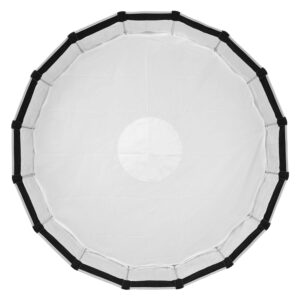 1705321842_578 Godox Multifunctional Softbox S85T on pyöreä valkoinen kangasdiffuusori, jossa on musta reunus ja tasaisin välein olevat mustat hihnat, ylhäältä katsottuna, jota käytetään yleisesti valokuvauksen valaistusasetuksissa.