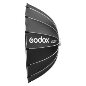 1705321950_534 Musta Godox Multifunctional Softbox S120T, jossa on valkoiset kylkiluut ja hopeinen sisustus, näkyy sivulta, ja siinä näkyy tuotemerkki ja malli valkoisin kirjaimin.