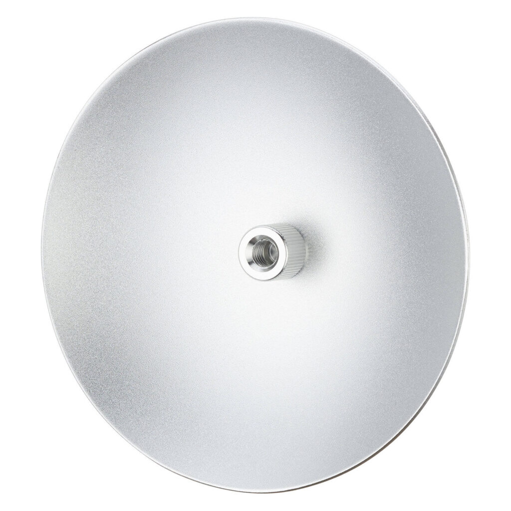 1705324079_753 Godox Aluminum Sheet for Multifunctional Softbox S65T/S85T/S120T is a round, silver-coloured metal sheet with a textured surface and a threaded hole in the middle against a white background.