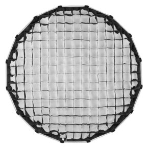 1705325603_113 Godox Grid For Multifunctional Softbox S65T -valaisimessa on pyöreä musta kehys, jossa on mustia viivoja, jotka leikkaavat toisiaan ja luovat neliönmuotoisia aukkoja, kuten valokuvauksen valaistuksessa käytetyt ristikot ylhäältä katsottuna.