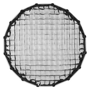 1705325785_812 Godox Grid for Multifunctional Softbox S85T on esitetty ylhäältä päin, ja siinä on mustat kangasnauhat, jotka jakavat pyöreän valkoisen diffuusiopinnan pieniin neliön muotoisiin osiin.