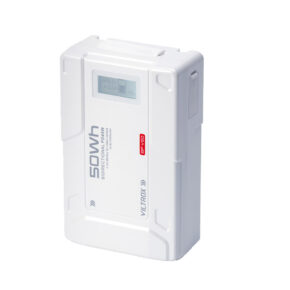 1707468257_604 The Viltrox BP V50 3350mAh V-Mount battery is a white, two-way battery with a small digital display on the front for voltage and information, and grey and red labels and branding.