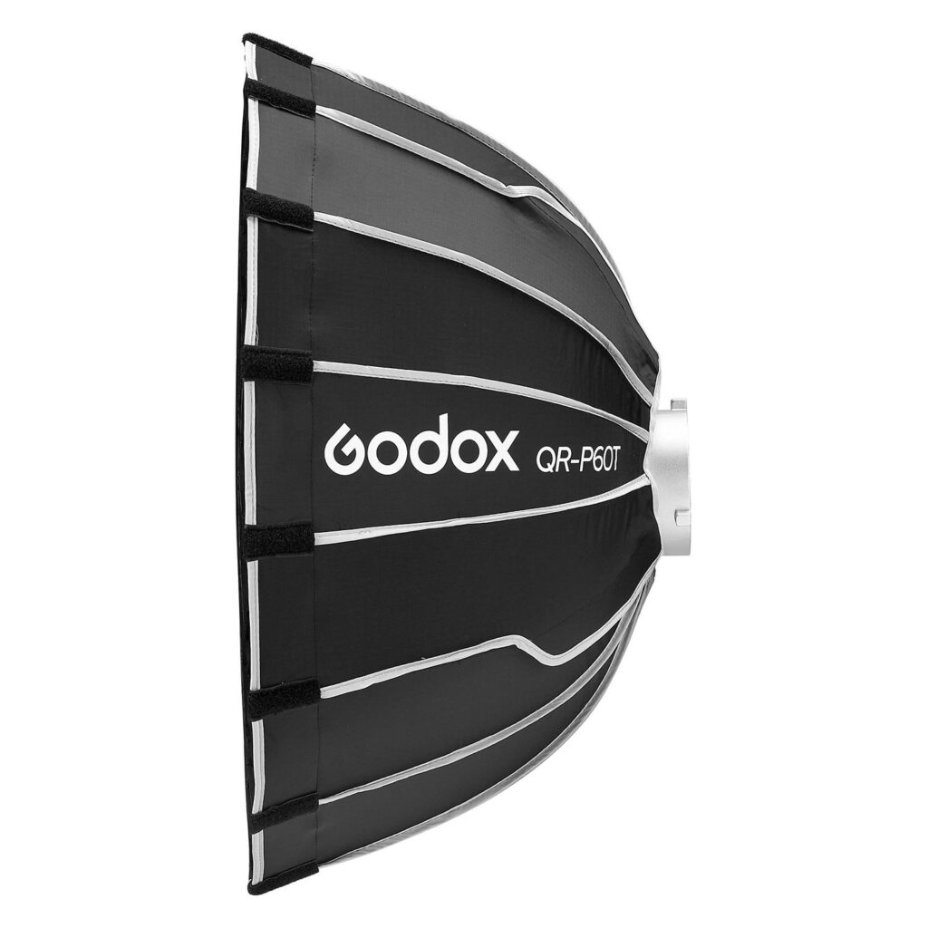 Side view of the Godox Quick Release Parabolic Softbox for livestreaming (QR-P60T), black and domed, silver-lined with white support bars against a white background.