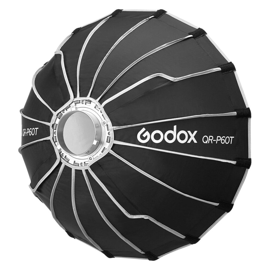 The black, round Godox Quick Release Parabolic Softbox for livestreaming QR-P60T has silver ribs, a reflective interior and "Godox QR-P60T" printed on the side.