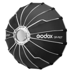 The black, round Godox Quick Release Parabolic Softbox for livestreaming QR-P60T has silver ribs, a reflective interior and "Godox QR-P60T" printed on the side.