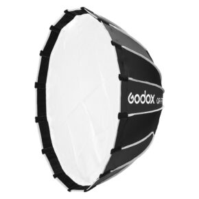 1709019222_169 The Godox Quick Release Parabolic Softbox for livestreaming QR-P70T is a large, black and white, umbrella-shaped softbox designed to diffuse light in photography or videography. The Godox brand is displayed on the side.
