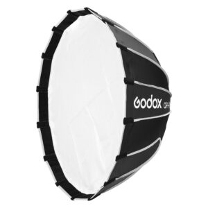 1709019222_169 The Godox Quick Release Parabolic Softbox for livestreaming QR-P70T is a large, black and white, umbrella-shaped softbox designed to diffuse light in photography or videography. The Godox brand is displayed on the side.