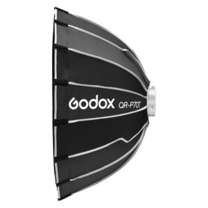 1709019224_752 The Godox Quick Release Parabolic Softbox for livestreaming QR-P70T in black and silver is shown from the side, with its logo and visible support ribs.