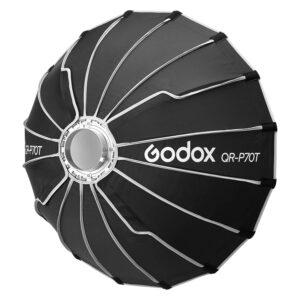 1709019227_066 The black Godox Quick Release Parabolic Softbox For livestreaming QR-P70T, with silver inner side rails and a circular mounting ring, is pictured on the front, with the brand and model printed on the softbox in white.