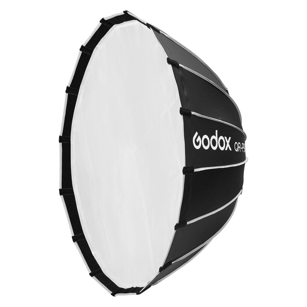 1709019444_905 The Godox Quick Release Parabolic Softbox QR-P90T is a black and white, umbrella-shaped softbox designed for livestreaming and ideal for diffusing studio lighting in photography or videography.