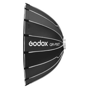 1709019446_275 The black Godox Quick Release Parabolic Softbox luminaire for livestream (QR-P90T), with white support rods and pictured from the side, has the brand and model printed in white text on the fabric.