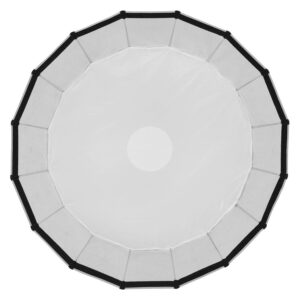 1709019452_719 The Godox Quick Release Parabolic Softbox QR-P90T is a round, white folding softbox with black edges and evenly spaced support segments, with a translucent area in the centre - ideal for live streaming.