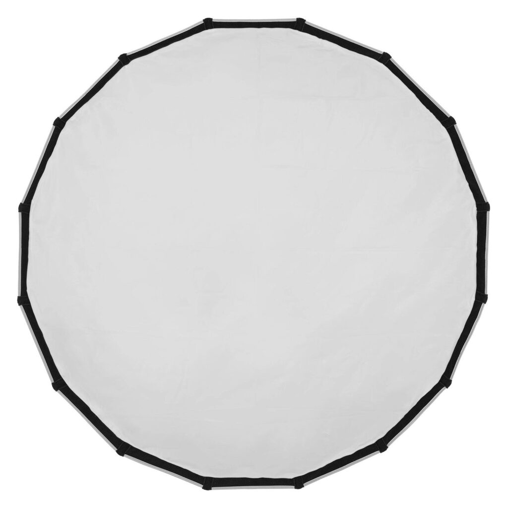 1709019454_077 The Godox Quick Release Parabolic Softbox QR-P90T is a large, round, white photographic reflector with a black border, viewed from above against a plain background.