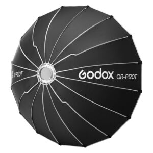 1709019735_140 Godox Quick Release Parabolic Softbox for Livestreaming QR-P120T on kuvattu etupuolelta, ja siinä on musta kangas, hopeiset tangot, valkoinen logo ja pyöreä metallinen keskus, jossa on ulospäin säteilevät puikot.