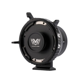 Viltrox's black PL-E adaptor, with its sleek design, metal connectors and two protruding tabs, appears on a white background.