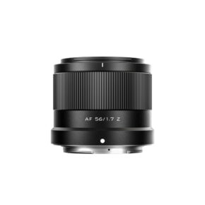 1712655719_739 Viltrox AF 56mm f/1.7 Nikon Z lens The Viltrox AF 56mm f/1.7 Z lens has a black barrel with a grooved focus ring and white AF 56/1.7 Z text on a white background.