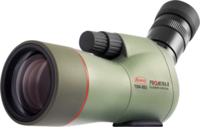 800q-01_108709 KOWA Spottingscope TSN-553 15-45x -kaukoputki, jossa on suuri etulinssi, tarkennusnuppi ja kulmikas okulaari, näkyy vaaleaa taustaa vasten.