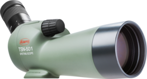KOWA Spottingscope TSN-501 20-40x -kaukoputki vihreänä, mustalla okulaarilla ja tarkennusnupilla, kyljellään valkoista taustaa vasten.